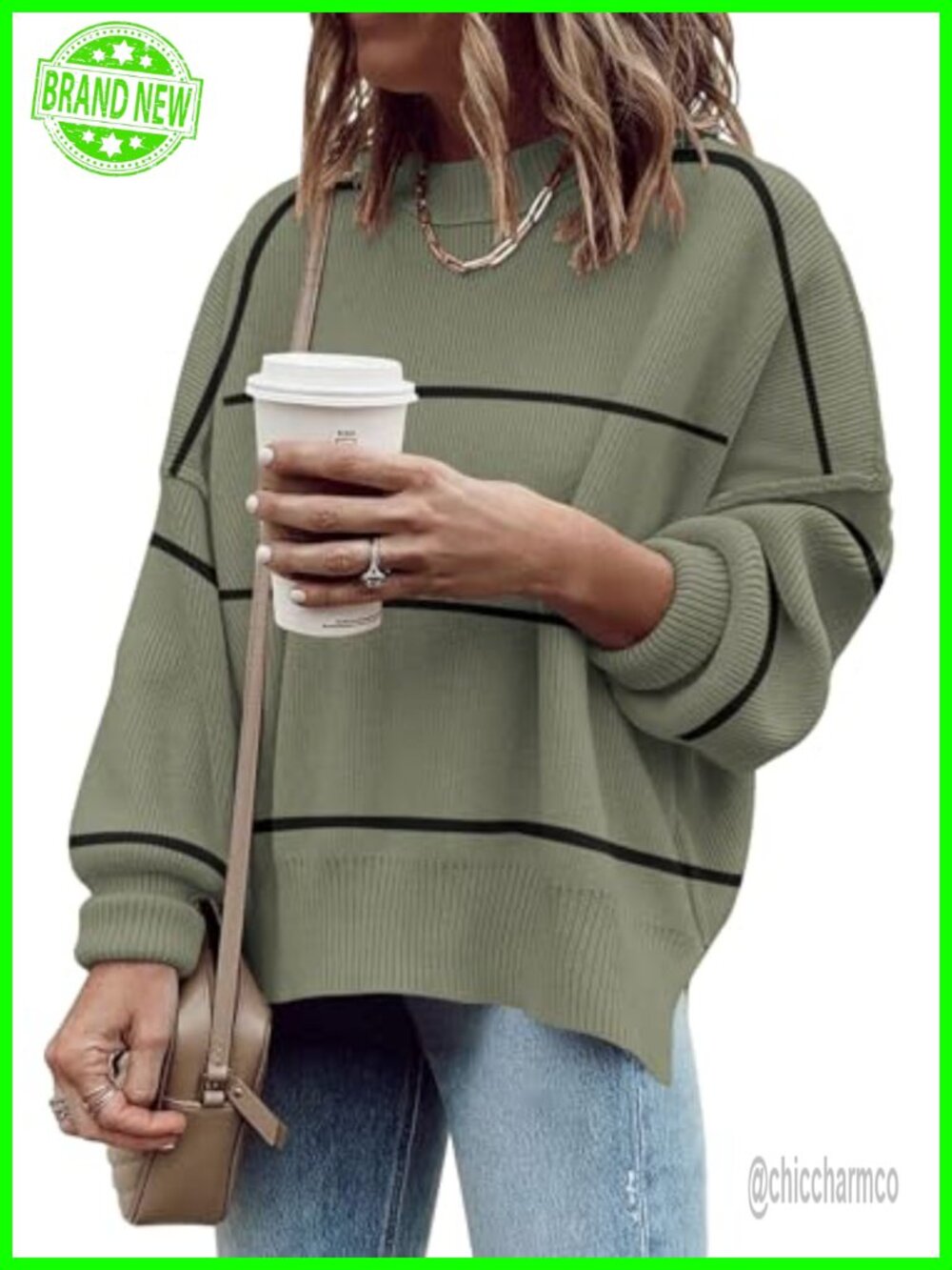 Oversized Ribbed Pullover Sweater Side Slit Batwing Sleeve Mock Neck